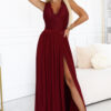 211-8 LEA long dress with a lace neckline and a leg slit - burgundy-1