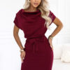 240-11 ROXI Comfortable dress with an asymmetric skirt and belt - burgundy-1