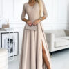 309-10 AMBER lace, elegant long dress with a neckline and leg slit - beige-1