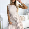 311-14 LILA Pleated dress with short sleeves and a belt - beige-1