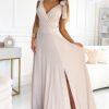 405-6 ELENA Long dress with a neckline and ties on the shoulders - beige with glitter-1