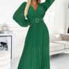 414-3 KLARA pleated dress with a belt and a neckline - green-1