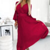 414-9 KLARA pleated dress with a belt and a neckline - Burgundy color-1