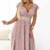 425-16 MATILDE Flared midi dress with a wrap neckline and short sleeves - beige with polka dots-1