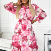 449-5 CARLA Pleated midi dress with buttons and long sleeves - dark pink flowers on a white background-1