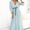 462-3 SERENA Pleated maxi dress with neckline, belt and 3/4 sleeves - Pastel Sage-1