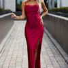 483-5 DIANE satin long dress with a leg slit - raspberry color-1