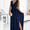 490-1 SUSAN Long brocade dress with a neckline and stitching at the waist - navy blue-1