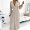 504-2 VIVIANA Pleated midi dress with a neckline, long sleeves and a wide belt - beige colour-1