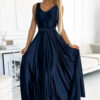 508-1 CINDY long satin dress with a neckline and bow - navy blue-1