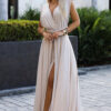 509-2 Elegant long dress tied in many ways - beige with glitter-1