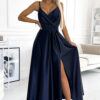 512-2 JULIET elegant long satin dress with a neckline - navy blue-1