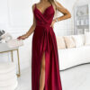 512-6 JULIET elegant long satin dress with a neckline and leg slit - Burgundy color-1