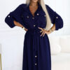 531-6 Midi Shirt Dress with Gold Buttons and Tie - Navy Blue-1