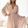 538-1 MILA Chiffon midi dress with long sleeves and neckline - beige-1