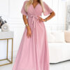 545-1 Long dress with a pleated neckline and ties - powder pink-1