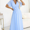 545-2 Long dress with pleated neckline and tie - light blue-1