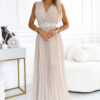 546-1 Pleated dress with a wide belt and neckline - Beige-1
