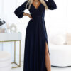 572-1 NELA shiny long gown with neckline and long sleeves - navy blue-1