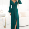 572-4 NELA shiny long dress with neckline, long sleeves and leg slit - green-1