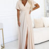 581-6 JENNIFER long dress with a leg slit, sleeves and a neckline - beige-1