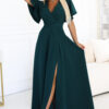 581-8 JENNIFER long dress with a leg slit, sleeves and a neckline - bottle green-1