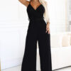593-3 Elegant Jumpsuit with Wrap Neckline, Wide Legs and Belt - Black-1