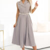 596-2 Elegant midi shirt dress with gold buttons and belt - gray beige-1