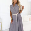 596-5 Elegant midi shirtdress with gold buttons and belt - grey-1