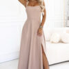633-5 AURELIA Long dress with a slit and square neckline - dark beige with glitter-1