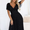 635-2 MELANIA long, shiny dress with a neckline and short sleeves - black-1