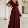 635-5 MELANIA long, shiny dress with a neckline and short sleeves - burgundy-1