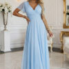 635-6 MELANIA Long Shimmering Dress with Neckline and Short Sleeve - Sky Blue-1