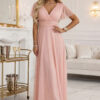 635-7 MELANIA Long Shimmering Dress with Neckline and Short Sleeve - Peach-1