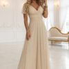635-9 MELANIA Long Shimmering Wedding Dress with Neckline and Short Sleeve - Beige-1