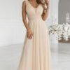 637-4 Long Maxi Dress with Glitter Shimmer and Deep Neckline - Champagne Beige-1