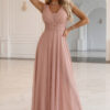 637-7 Long Maxi Dress with Glitter Accent and Deep Neckline - Powder Pink-1