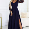 640-3 LORETTA unique long dress with tulle sleeves and neckline - navy blue-1