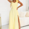 643-5 Elegant evening maxi dress with a slit and roses - butter yellow-1
