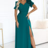 653-1 Elegant long dress with a rose, belt and high slit - bottle green-1