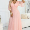 654-4 Long Shimmering Plus Size Dress with Neckline and Transparent Sleeve - Peach-1