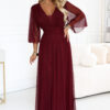 654-6 Long shimmering plus size dress with neckline and sheer sleeve - burgundy-1