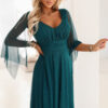 655-2 A long, shimmering dress with a plunging neckline and sheer sleeves - emerald green-1