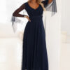 655-3 A long, shimmering dress with a neckline and transparent sleeves - navy blue-1