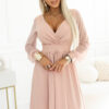 657-2 Elegant midi dress with wrap neckline and tulle sleeves - beige-1