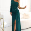 658-2 Shimmering glitter one-shoulder maxi dress with asymmetric sleeves and slit - bottle green-1