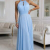 662-1 Elegant Evening Maxi Halter Dress with Tulle and Waist Tie - Light Blue-1