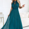 662-4 Elegant halter maxi evening dress with tulle and a waist tie - green-1
