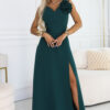 669-1 Romantic maxi dress with a flower on the shoulder and a slit - bottle green-1