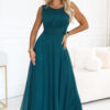 678-2 ELIRA Long tulle maxi dress with round neckline - bottle green-1